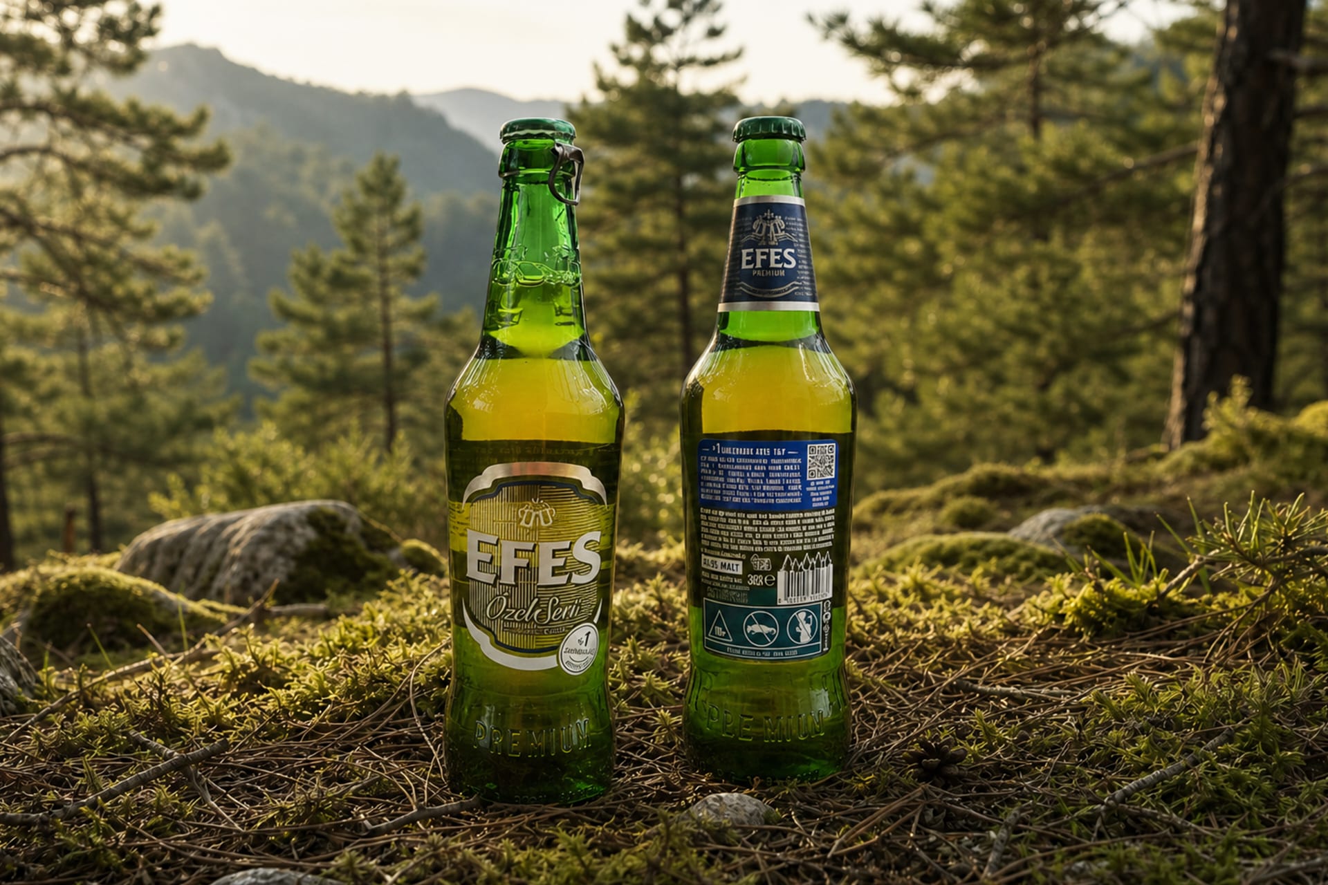 Efes bottles displayed in a forest setting