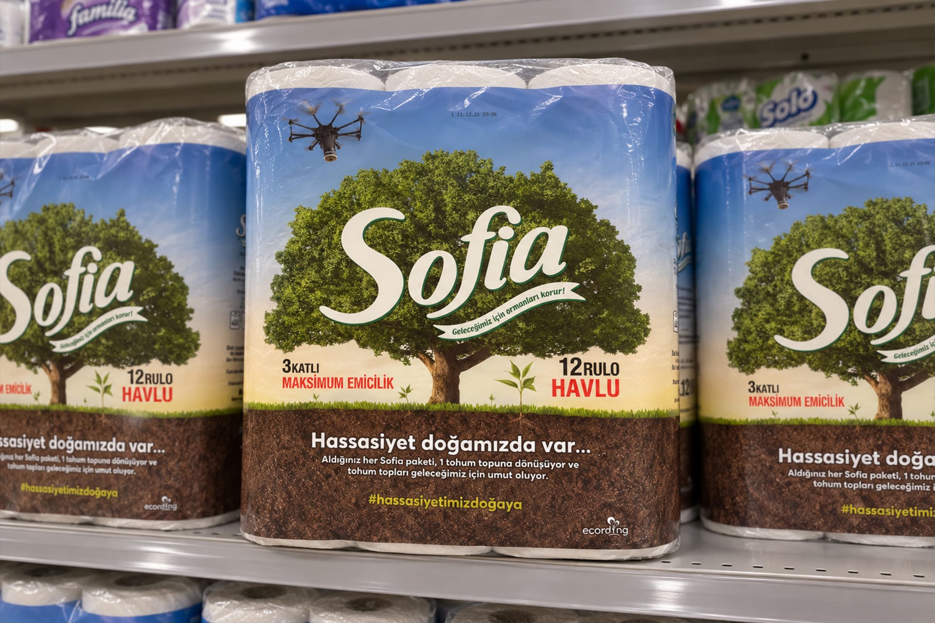 Sofia paper products with ecording campaign packaging