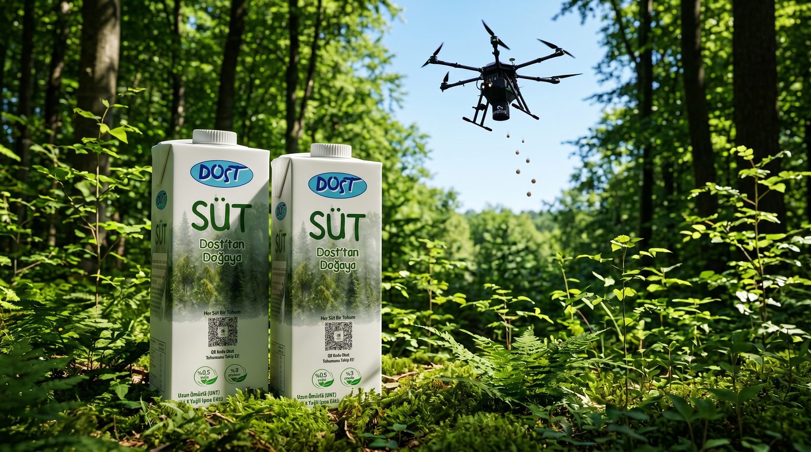 Ormanda QR kodlu Dost süt kutuları ve tohum bırakan ecoDrone